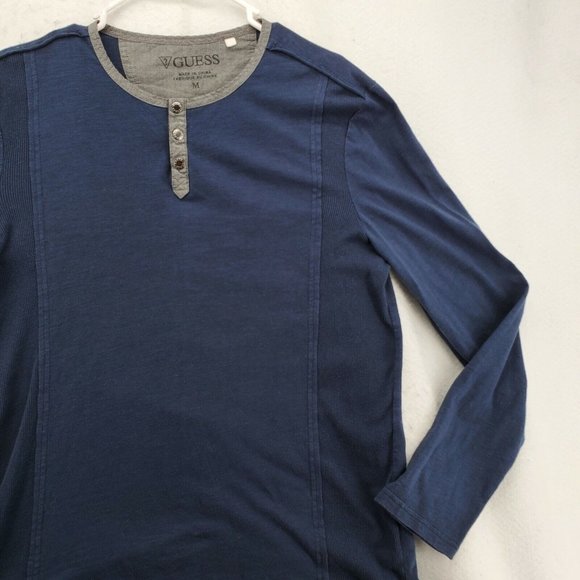 Guess Shirt Men's Long Sleeve Snap Up Henley Pullover Tee Blue Medium - Picture 6 of 12
